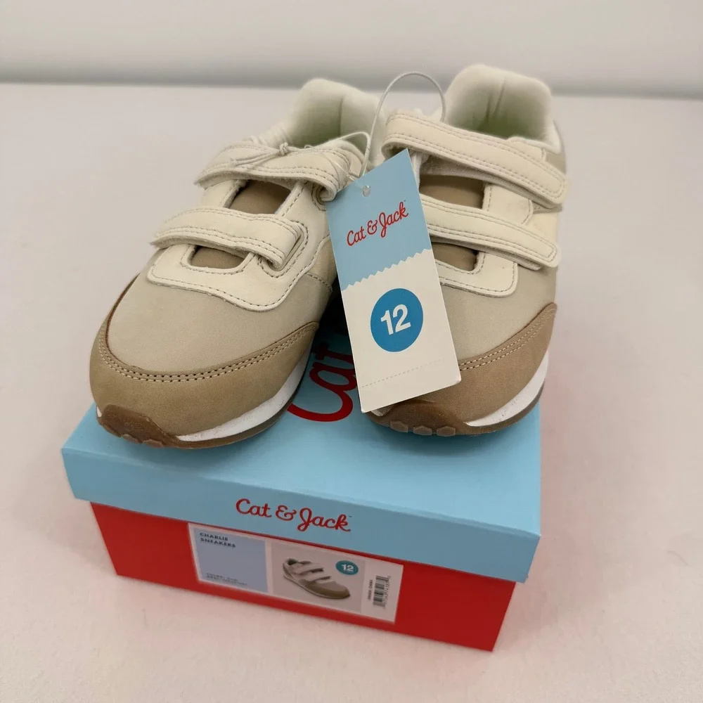 Cat & Jack Charlie Kids Sneakers Beige Cream Hook Loop Straps Size 12 NEW